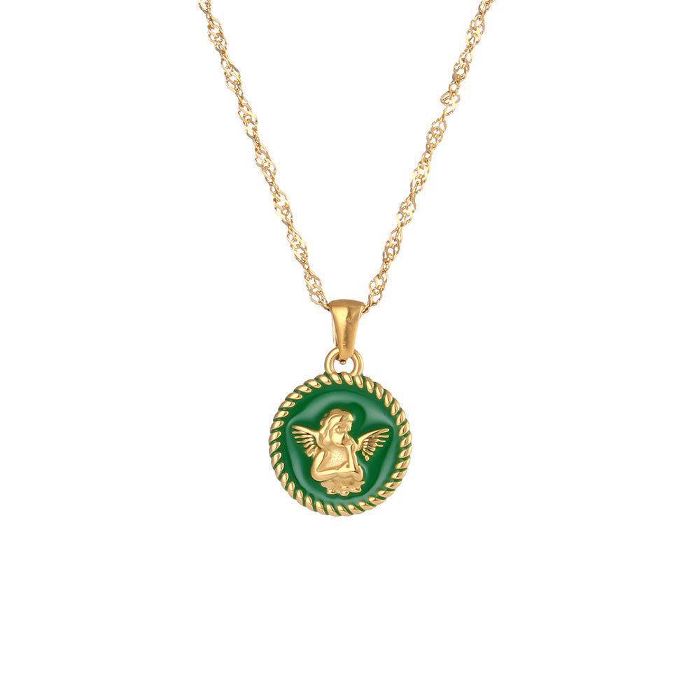 Collana con Ciondolo a Angelo Geometrico Minimalista in Acciaio al Titanio Placcato Oro 18K, Design Cuore e Libellula da Donna