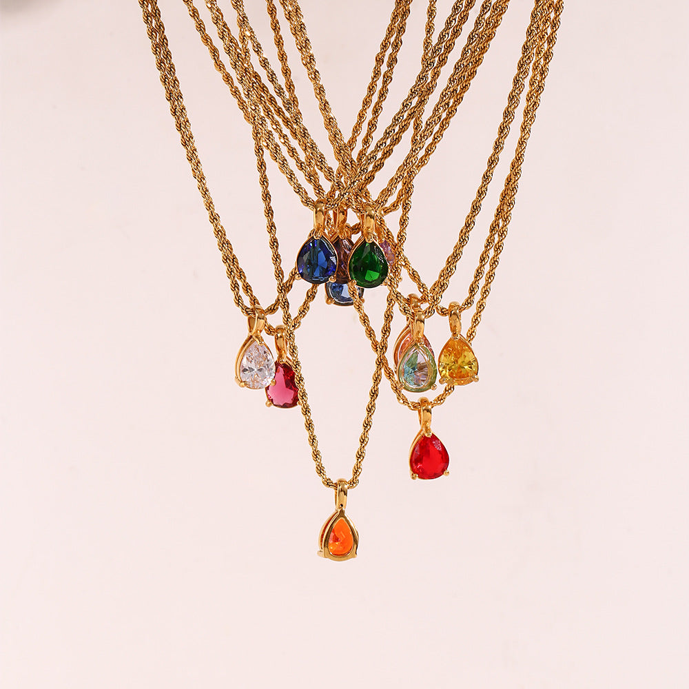 Fashionable Vintage Geometric Stainless Steel Twisted Rope Necklace with Teardrop Rhinestone Pendant for Women