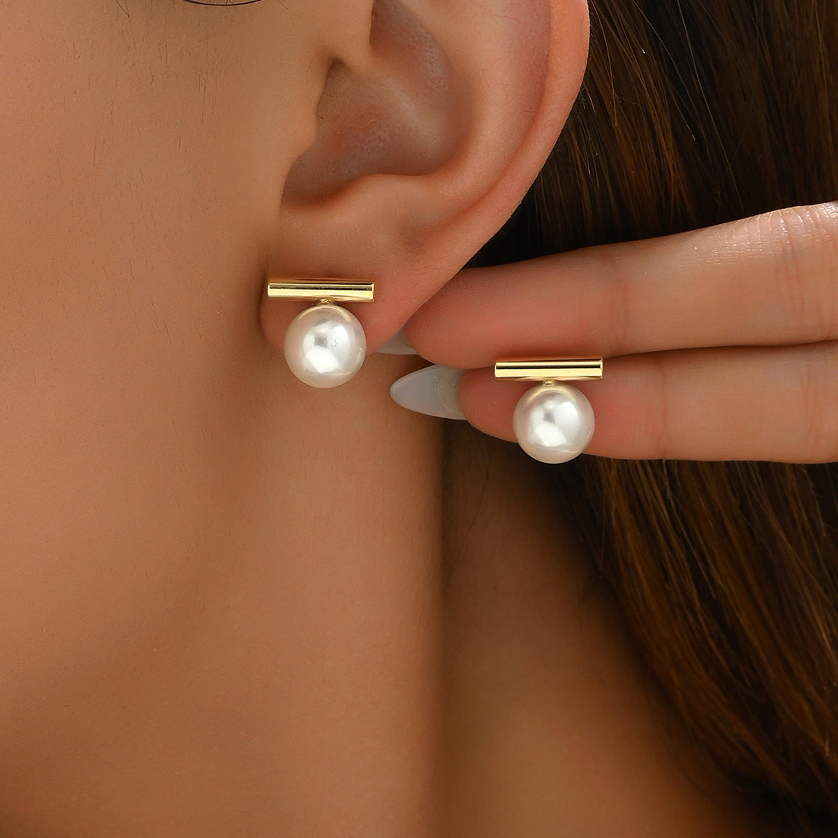 Pendientes de perlas minimalistas geométricos para mujer en cobre con postes de acero inoxidable