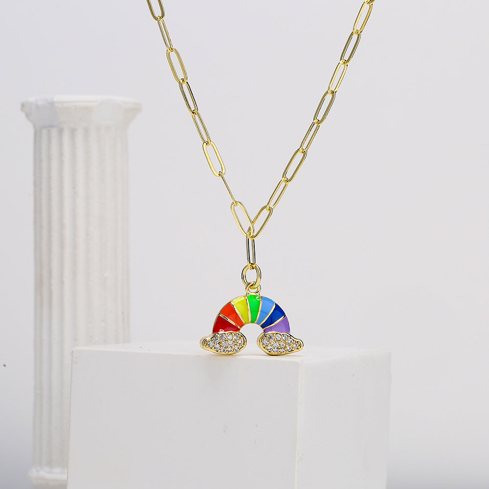 Cute INS-Style Geometric Moon Pendant Necklace for Women with Copper Base Plated in 18K Gold and Enamel Finish, Rainbow Rhinestone Inlay