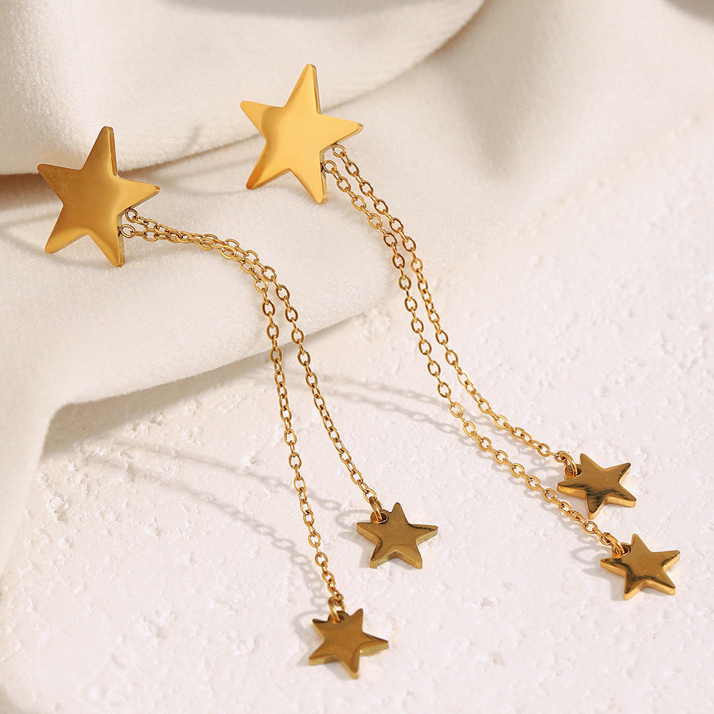 Minimalist Modern Star-Shaped Stainless Steel Earrings with 18K Gold Plating and Fringe Detail for Women