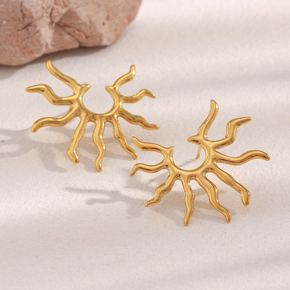 Minimalist Geometric Stainless Steel 18K Gold Plated Sun Ray Earrings for Women