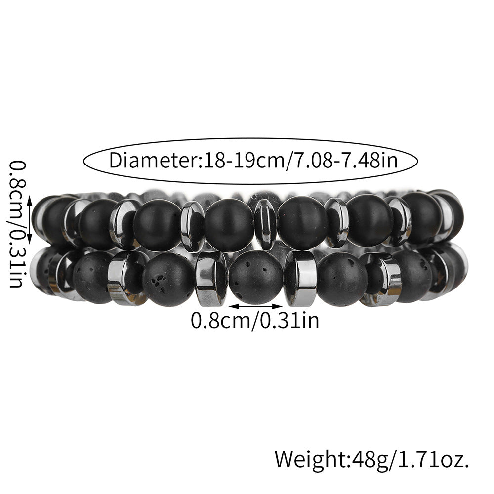 Unique Geometric Round Volcanic Stone and Hematite Beaded Stretch Bracelet Set for Men and Women