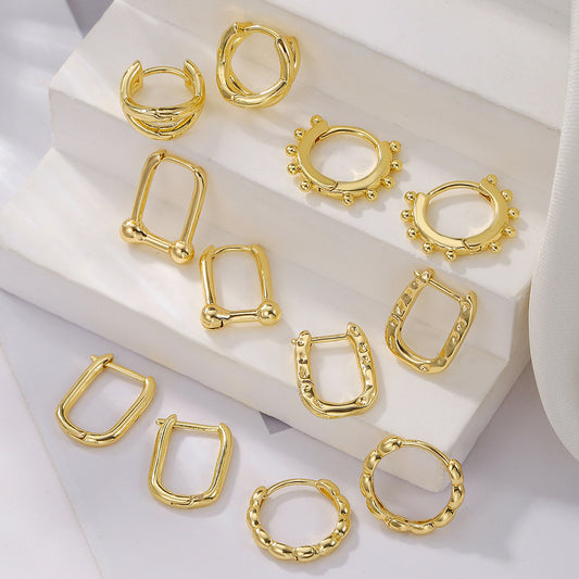 Vintage Minimalist Geometric Round Gold Plated Brass Hoop Earrings for Women