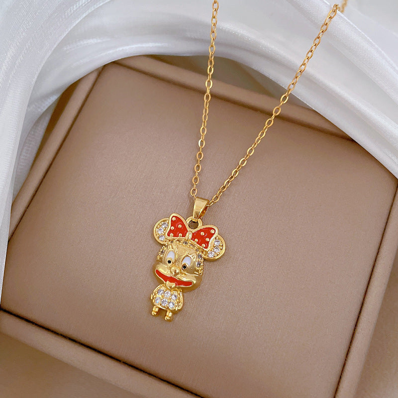Elegante Collar con Colgante de Lazo para Mujer con Detalles de Diamantes de Imitación en Cadena de Acero de Titanio con Forma Geométrica