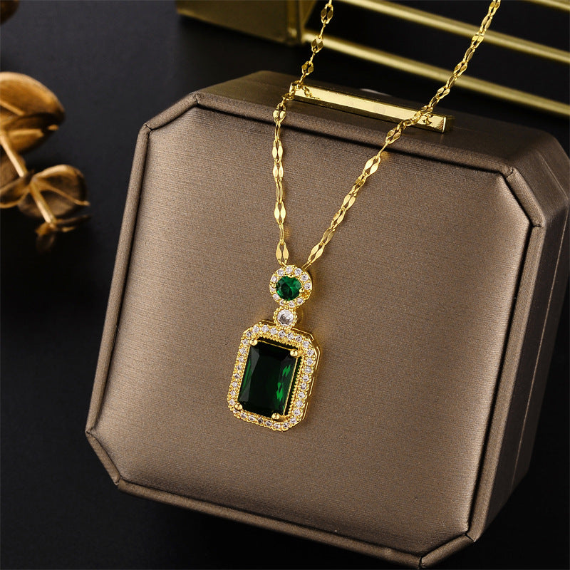 Elegant Red and Green Letter-Shaped Titanium Steel Necklace with Micro-Pave Zirconia for Women