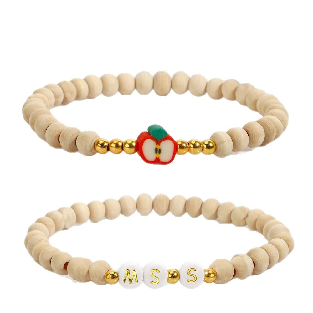 Handmade Wood Bead Apple Charm Bracelet for Women