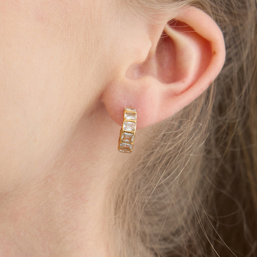 Pendientes de tuerca geométricos de acero inoxidable con circonita chapados en oro de 18 quilates para mujer, joyería de moda de lujo hipoalergénica