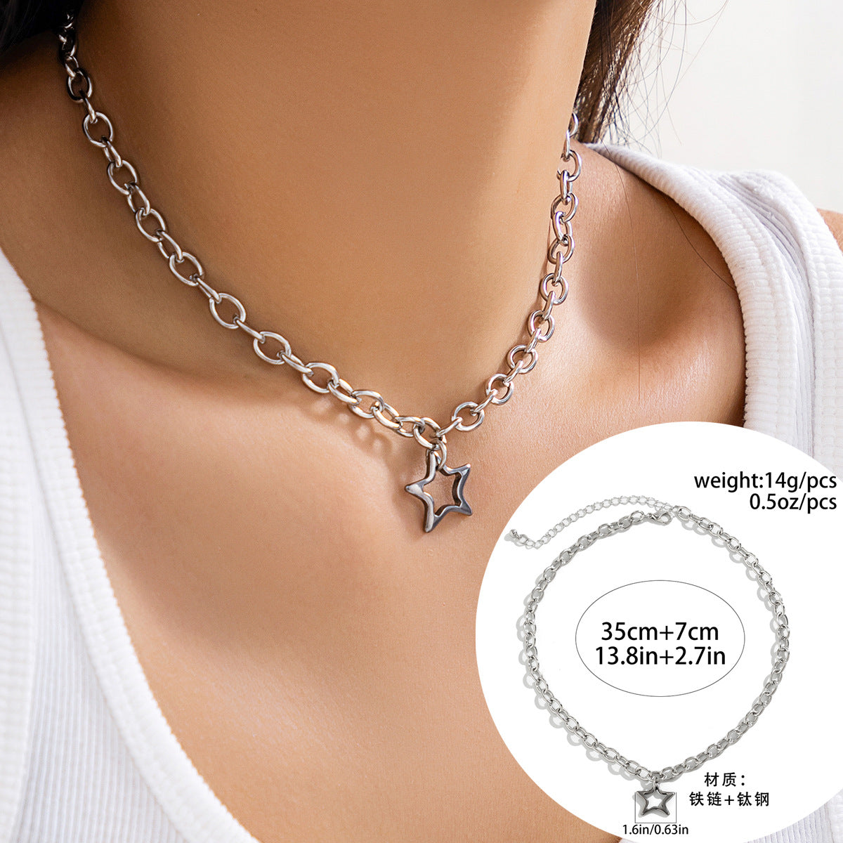 Collar Minimalista de Acero de Titanio con Colgante de Estrella, Diseño Geométrico y Cadena Fina Bañada