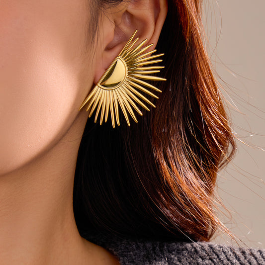 Pendientes de botón de acero inoxidable con forma de girasol de estilo vintage con acabado chapado para mujer