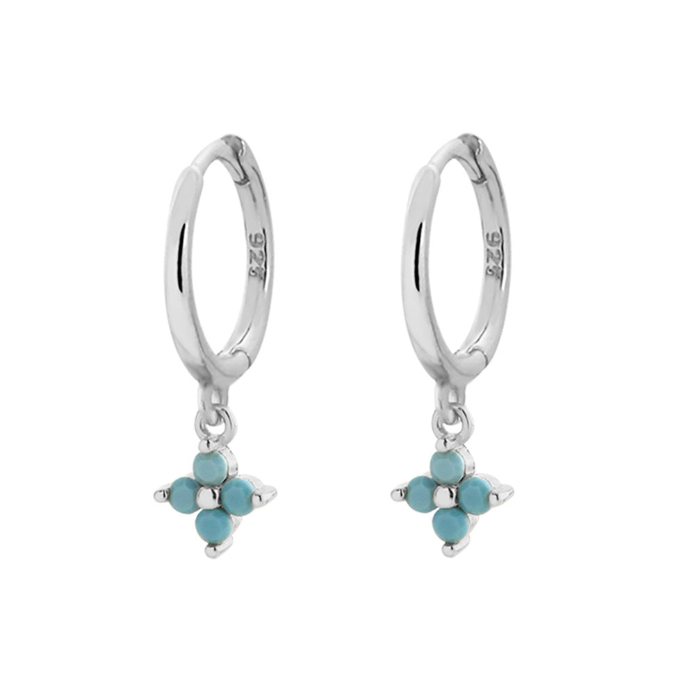 Aretes de aro de lujo para mujer de plata de ley 925, con diseño geométrico floral de mariposa en forma de lágrima y turquesa azul