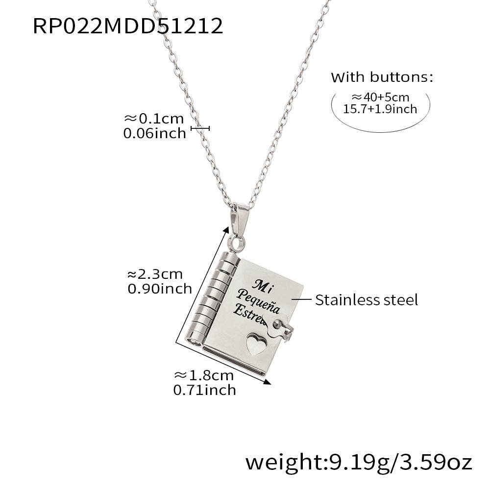 Minimalist 18K Gold Plated Geometric Book Pendant Stainless Steel Necklace for Women