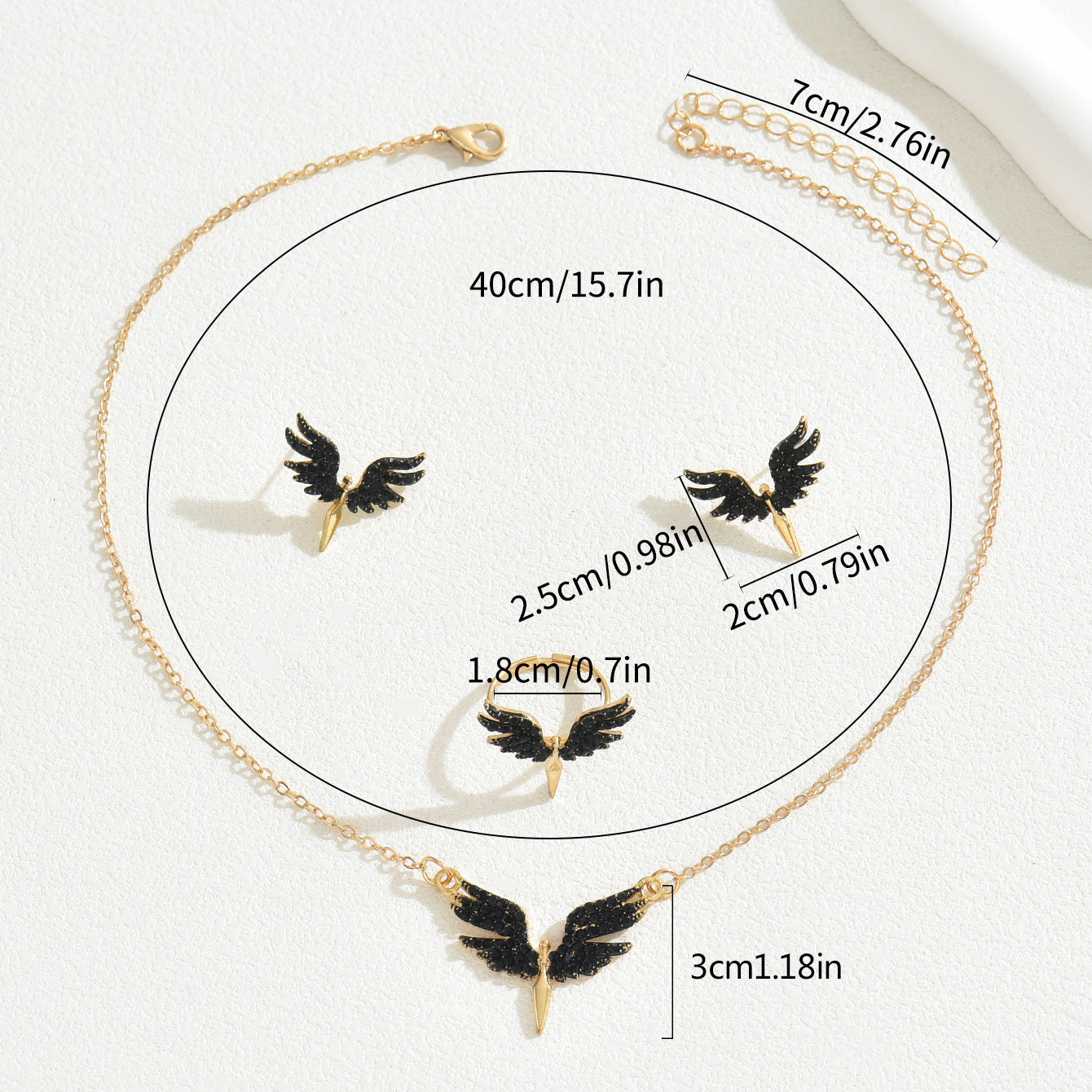 Set collana, orecchini e bracciale in lega smaltata a forma di ala d'angelo, stile donna d'ufficio alla moda
