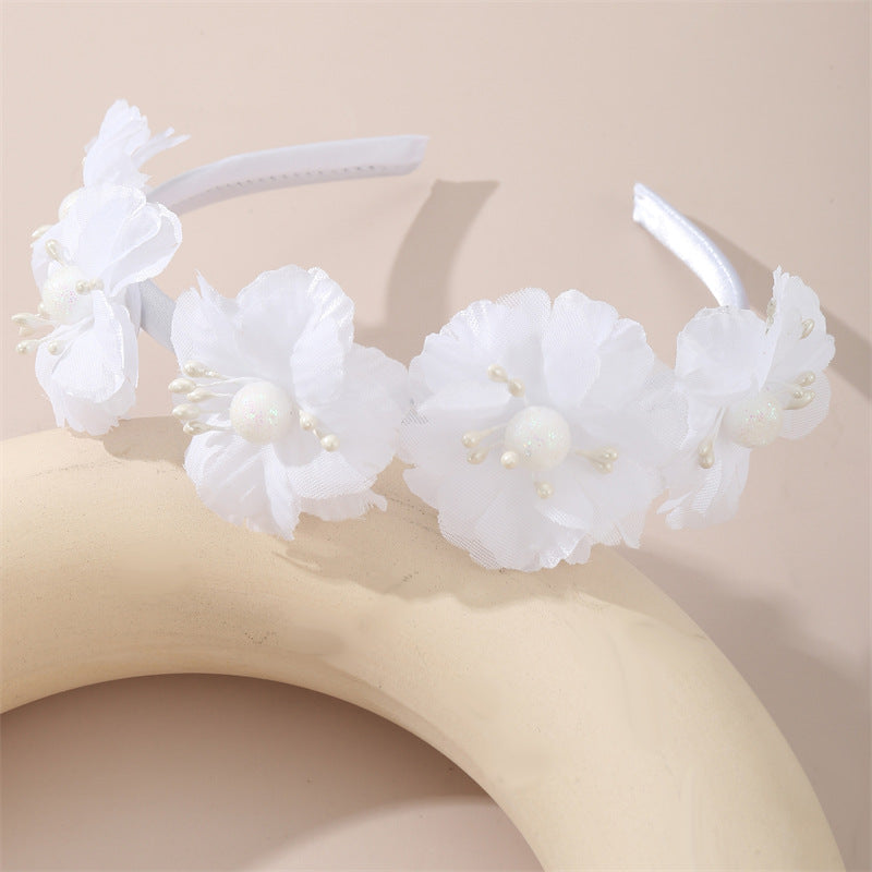 Cerchietto Floreale per Bambini con Rifinitura in Pizzo e Dettagli in Perle in Stile Naturale, Accessorio per Capelli Ricoperto in Resina Colore Macaron