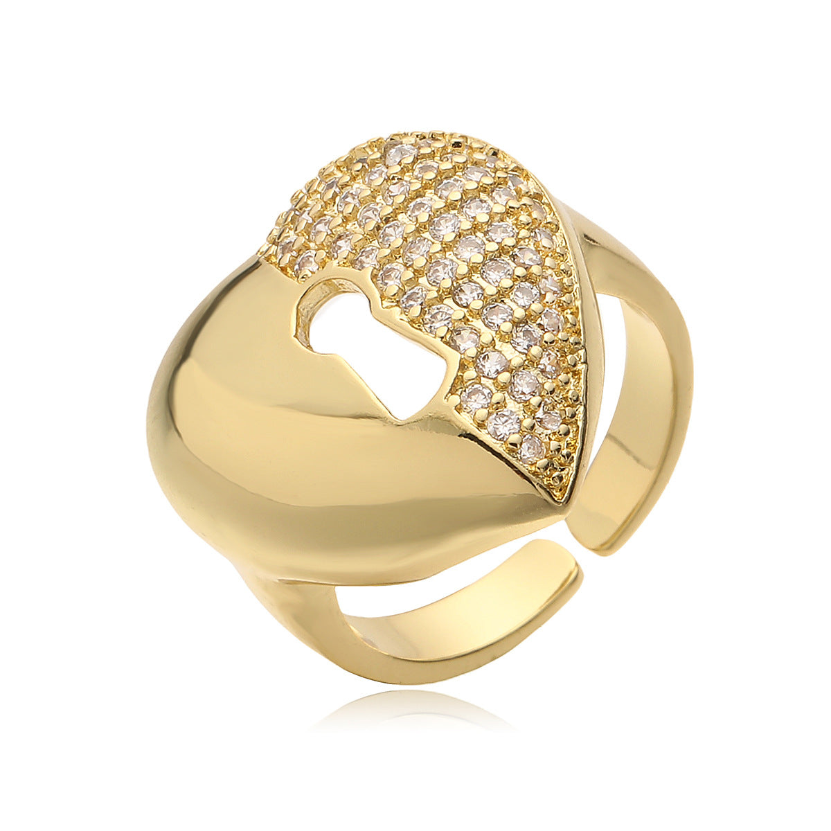 Minimalist Heart-Shaped Copper Ring with 18K Gold Plating and Micro-Paved Zirconia for Women