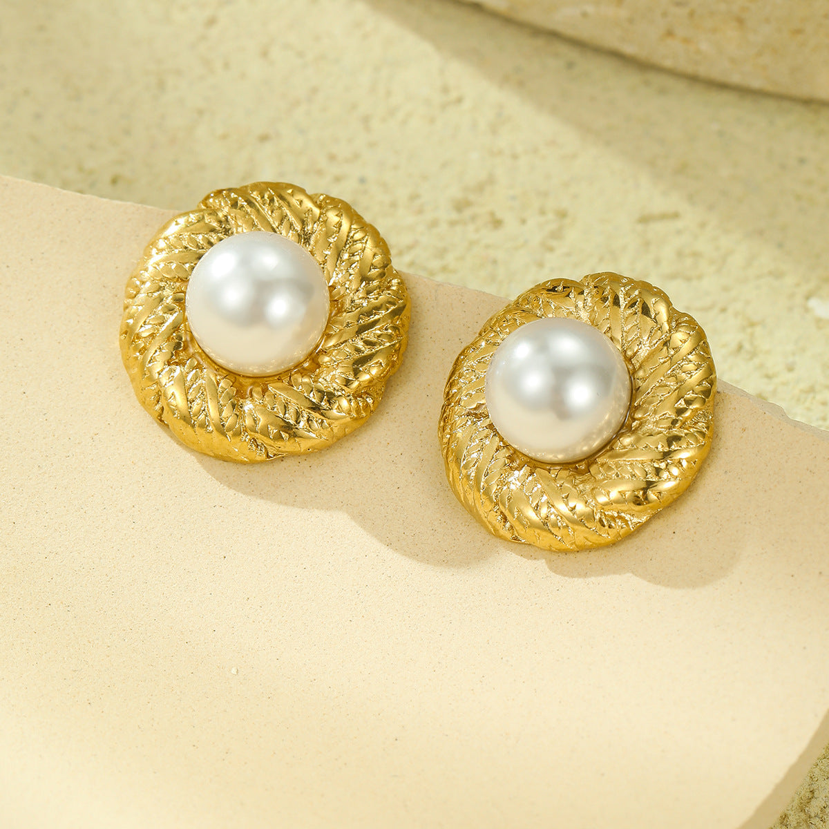 Vintage Geometric Stainless Steel Stud Earrings with Pearl Inlay for Women