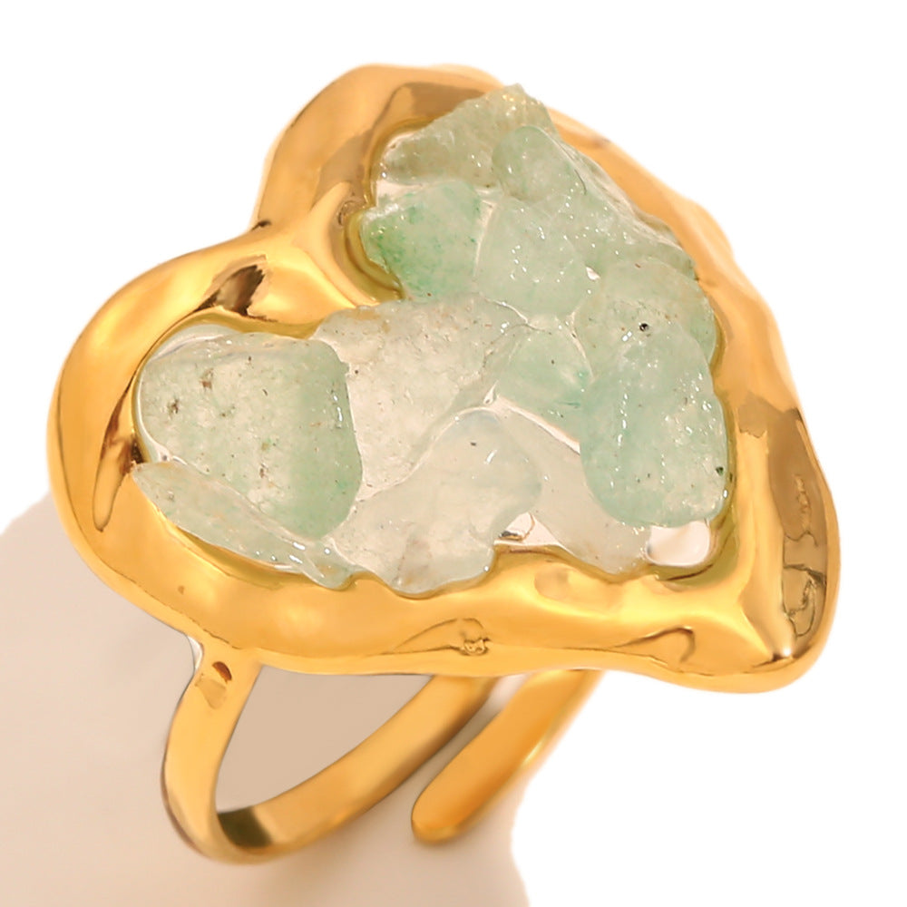 Vintage Fashion Heart-Shaped Stainless Steel Ring with 18K Gold Plating and Tiger Eye Stone Accents