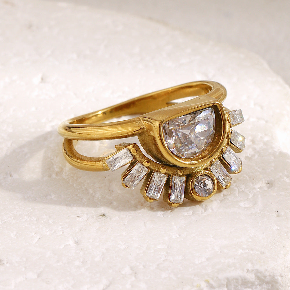 Minimalist Geometric Stainless Steel Plated 18K Gold Vintage Sun Double Layer Ring for Women