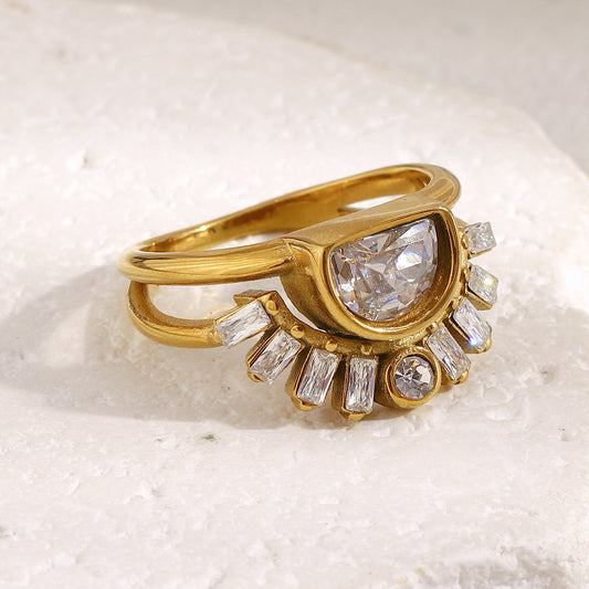 Minimalist Geometric Stainless Steel Plated 18K Gold Vintage Sun Double Layer Ring for Women