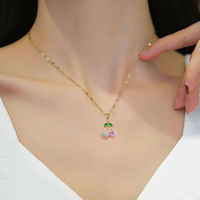 Sweet Minimalist Geometric Gold Plated Titanium Steel Necklace and Earring Set with Rhinestone Inlay