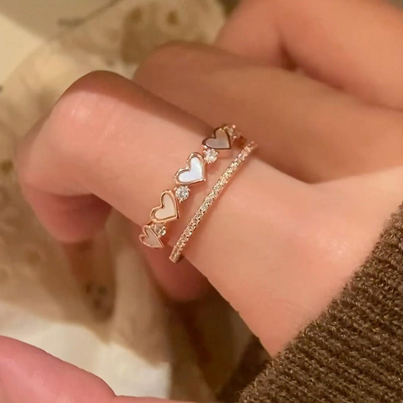 Anillo Abierto de Doble Capa con Forma de Corazón Minimalista Elegante para Mujer Hecho de Cobre con Incrustaciones de Circonita