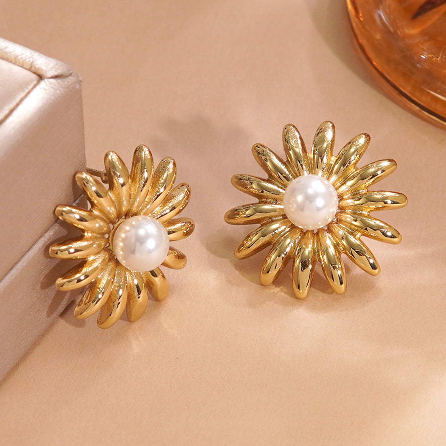 Elegant Geometric Round Stainless Steel Plated Pearl Earrings