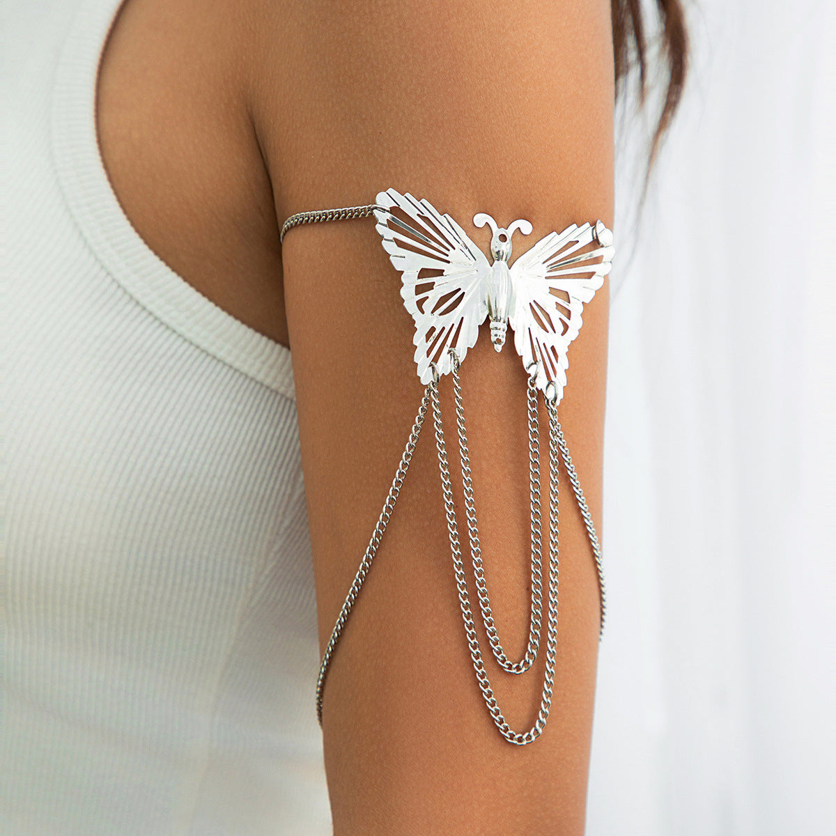 Punk Butterfly Plated Iron Arm Cuff with Tassel Chain for Women
