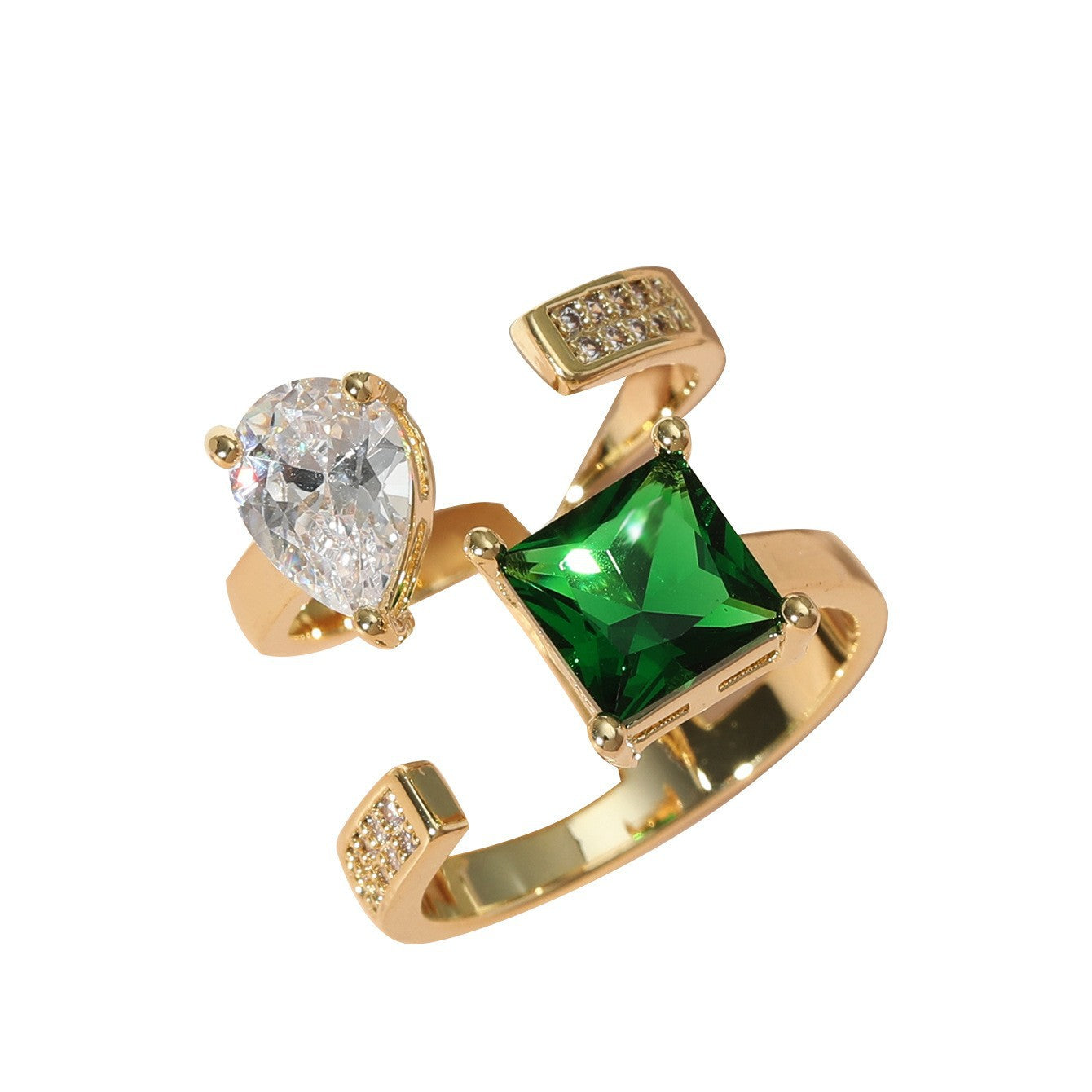 Anillo Ajustable Geométrico de Inspiración Vintage para Mujer con Incrustaciones de Zirconia Verde Esmeralda en Banda de Cobre