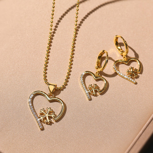 Minimalist 18K Gold Plated Copper Zircon Snowflake Heart Pendant Necklace Earring Set for Women