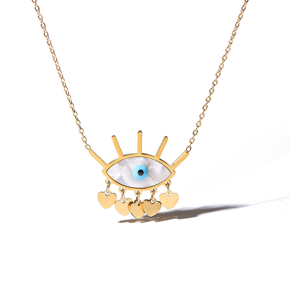 Minimalist Geometric Titanium Steel Evil Eye Pendant Necklace with Tassel for Women