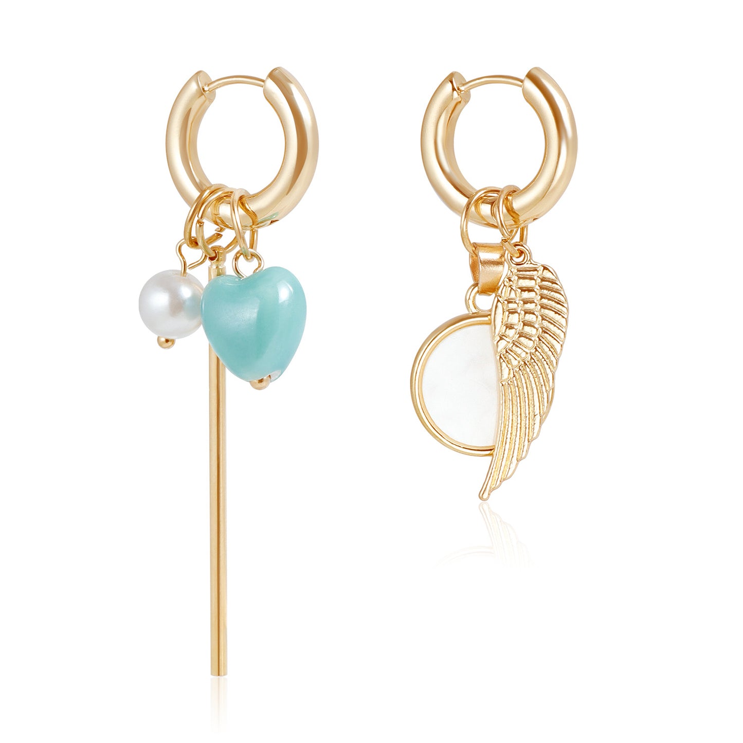 Vintage Heart Geometric Ceramic Pearl Wing Plated Asymmetric Earrings for Women