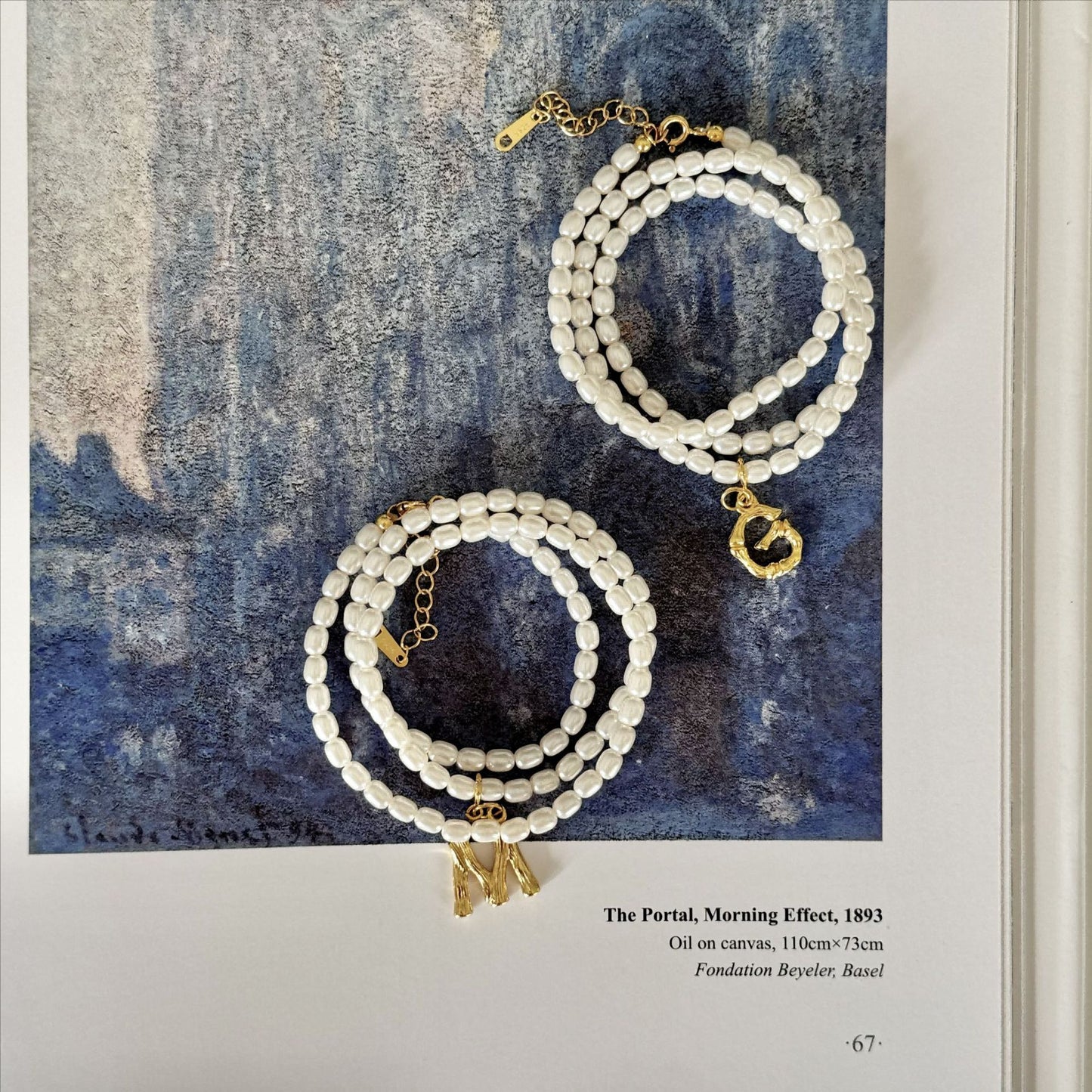 Collana pendente minimalista vintage alla francese con perle di cristallo a chicco di riso in argento sterling 925 con texture di bambù e design a lettera per donna