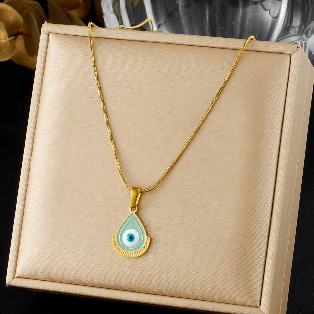 Gothic Teardrop Gold Plated Stainless Steel Evil Eye Pendant Necklace with Snake Chain