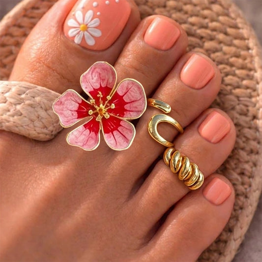 Minimalist Floral Geometric Alloy Toe Ring Set Adjustable Open Design for Women