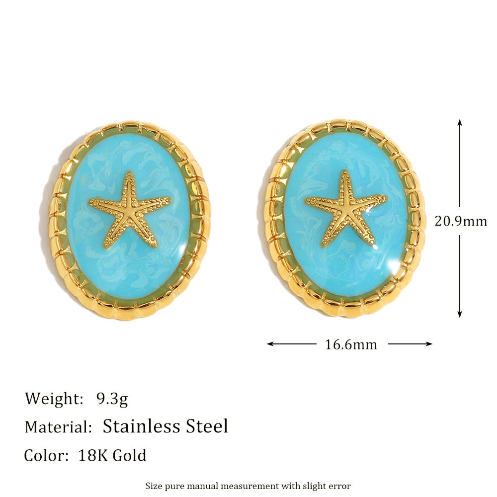 Fashionable Star-Shaped Stainless Steel Earrings with 18K Gold Plating Enamel Shell Pearl and Floral Accents