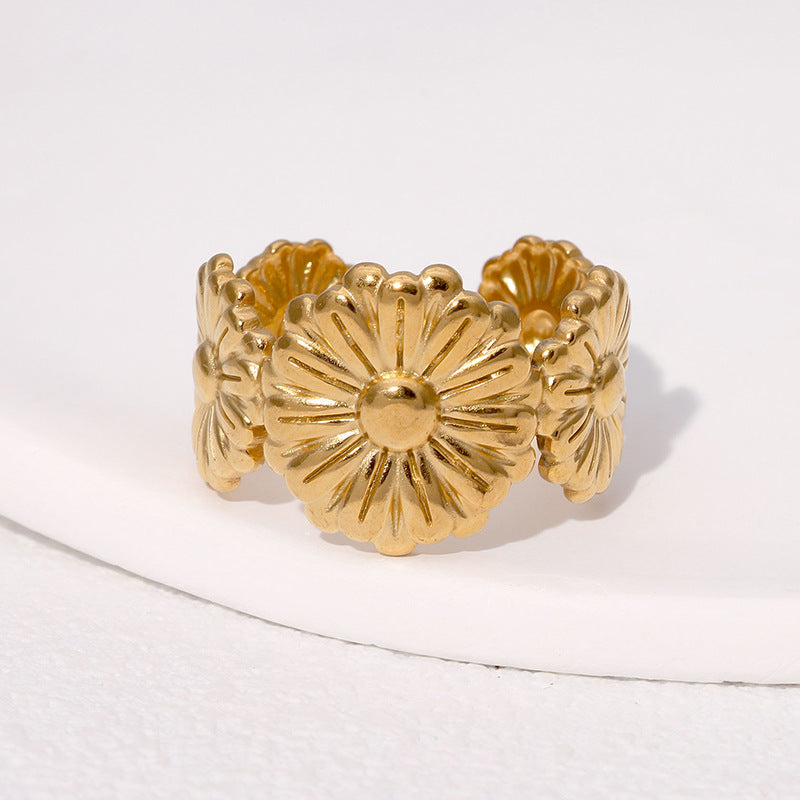 Anello aperto minimalista da donna in acciaio inossidabile placcato oro 18 carati con margherita