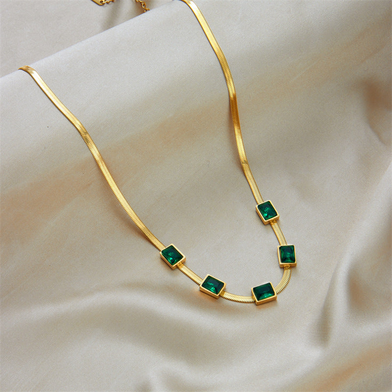 Vintage Minimalist Emerald Green Square Titanium Steel Snake Chain Bracelet and Necklace Set with Plated Finish