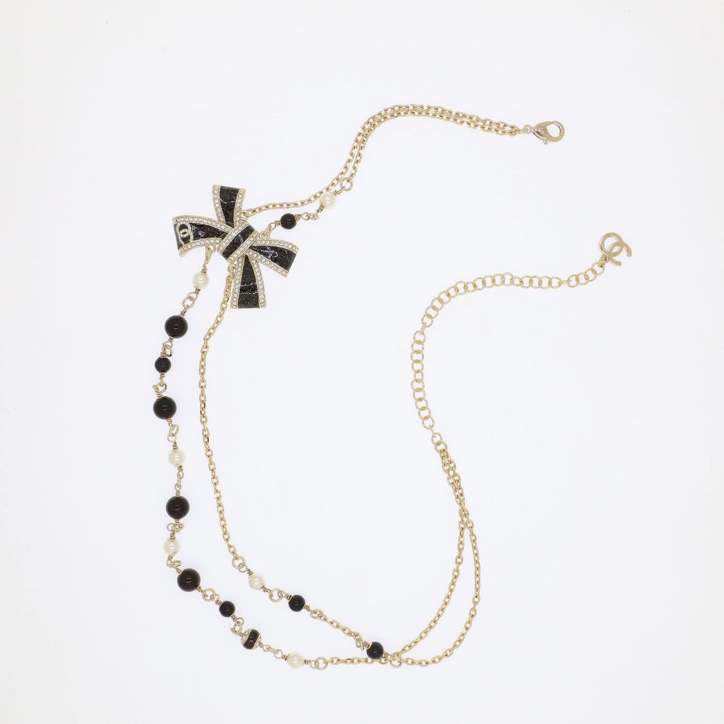 Collana Fiocco Lusso in Ottone Placcato Oro con Dettagli Strass e Smalto, Doppia Catena di Perle per Donna