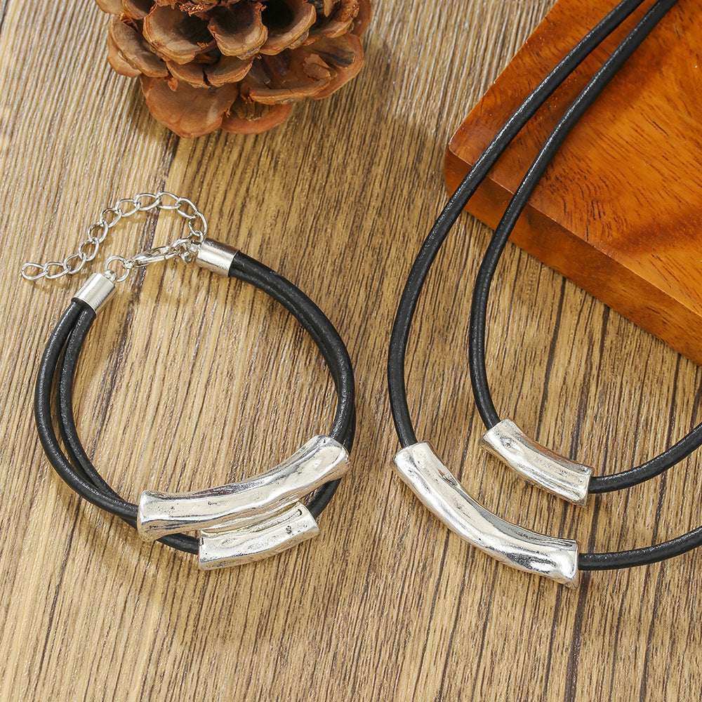 Hip-hop Geometric Alloy Plated Necklace with Leather Wax Cord and Cable Chain for Unisex