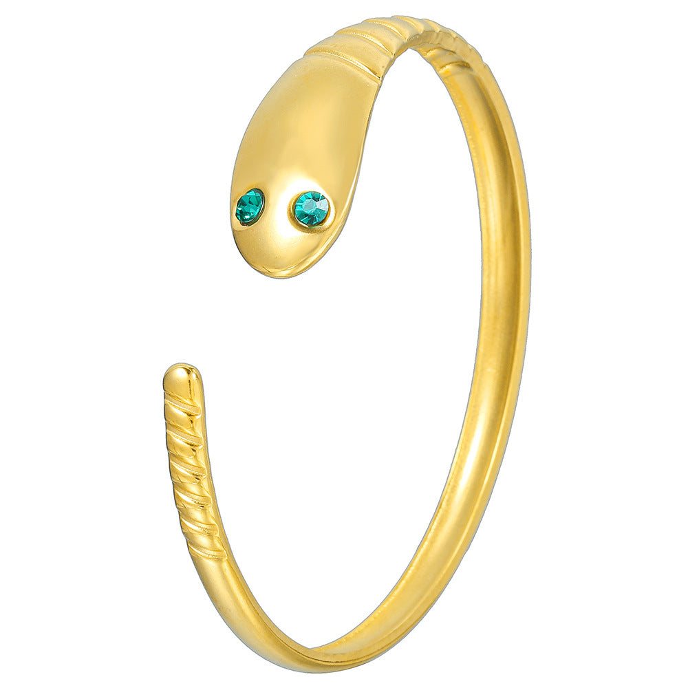 Minimalist Luxury Snake Shape Stainless Steel Plated Rhinestone Open Cuff Bracelet for Women