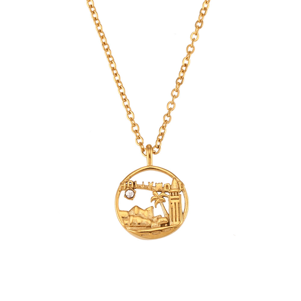 Collana con ciondolo geometrico rotondo minimalista da donna in acciaio inossidabile con finitura placcata