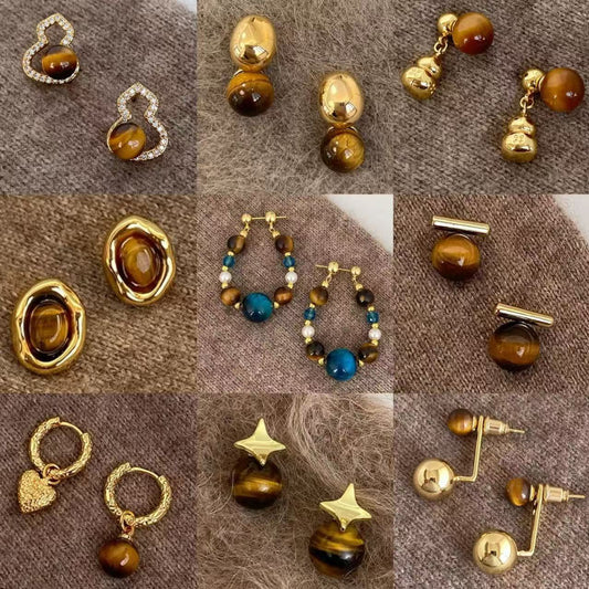 Orecchini a perno geometrici in occhio di tigre placcati in bronzo opaco da donna, gioielli per l'orecchio di lusso vintage artistici minimalisti