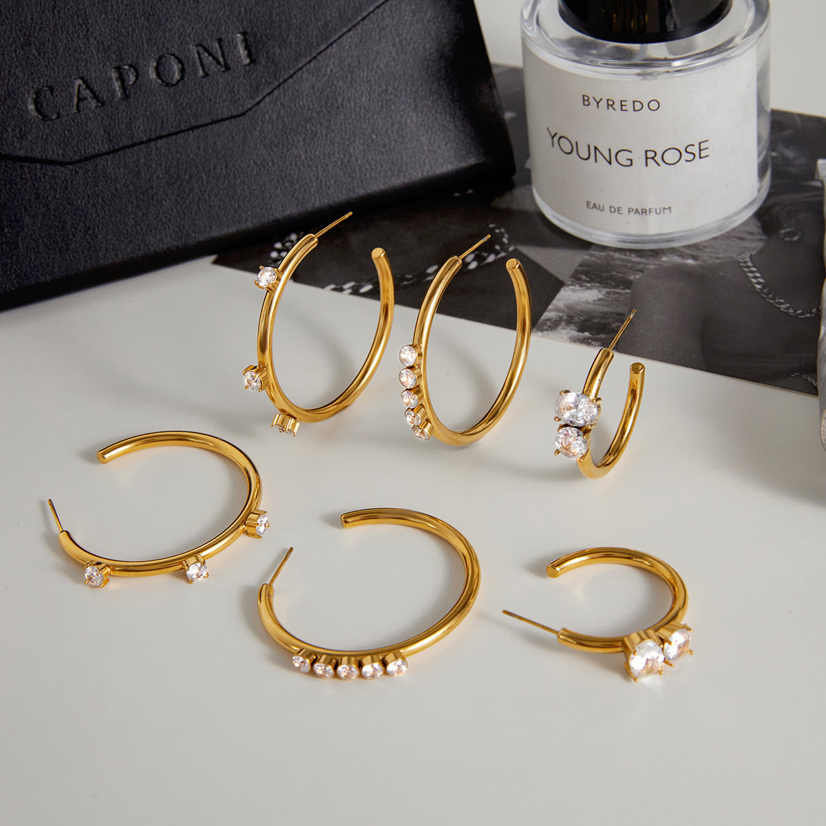 Minimalist Luxury Geometric Stainless Steel Plated Cubic Zirconia C-Shaped Stud Earrings for Women