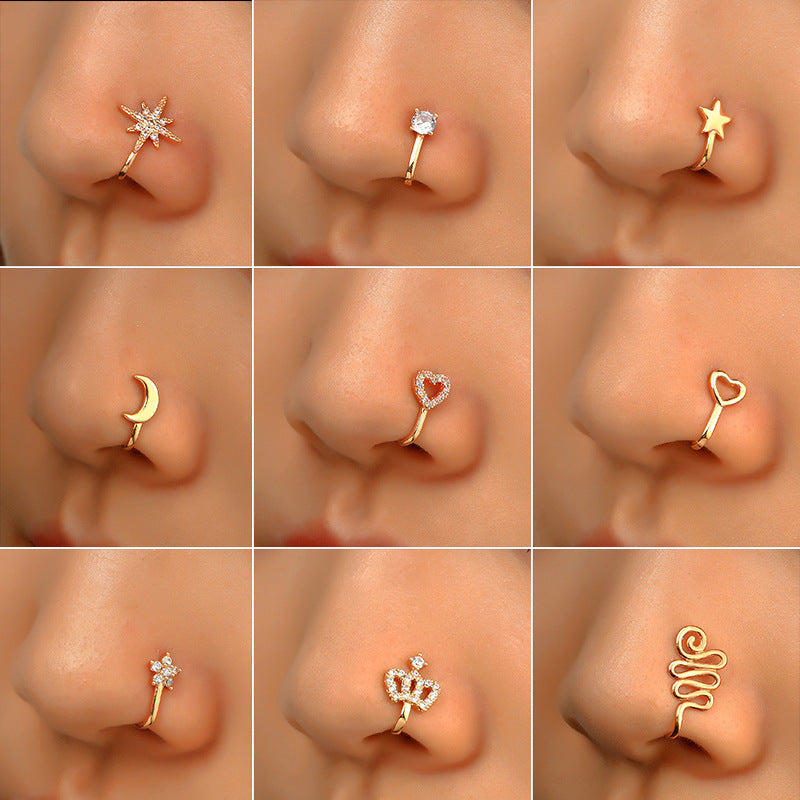 Clip per il naso a forma di U con stella e cuore placcata in rame vintage con zirconia cubica