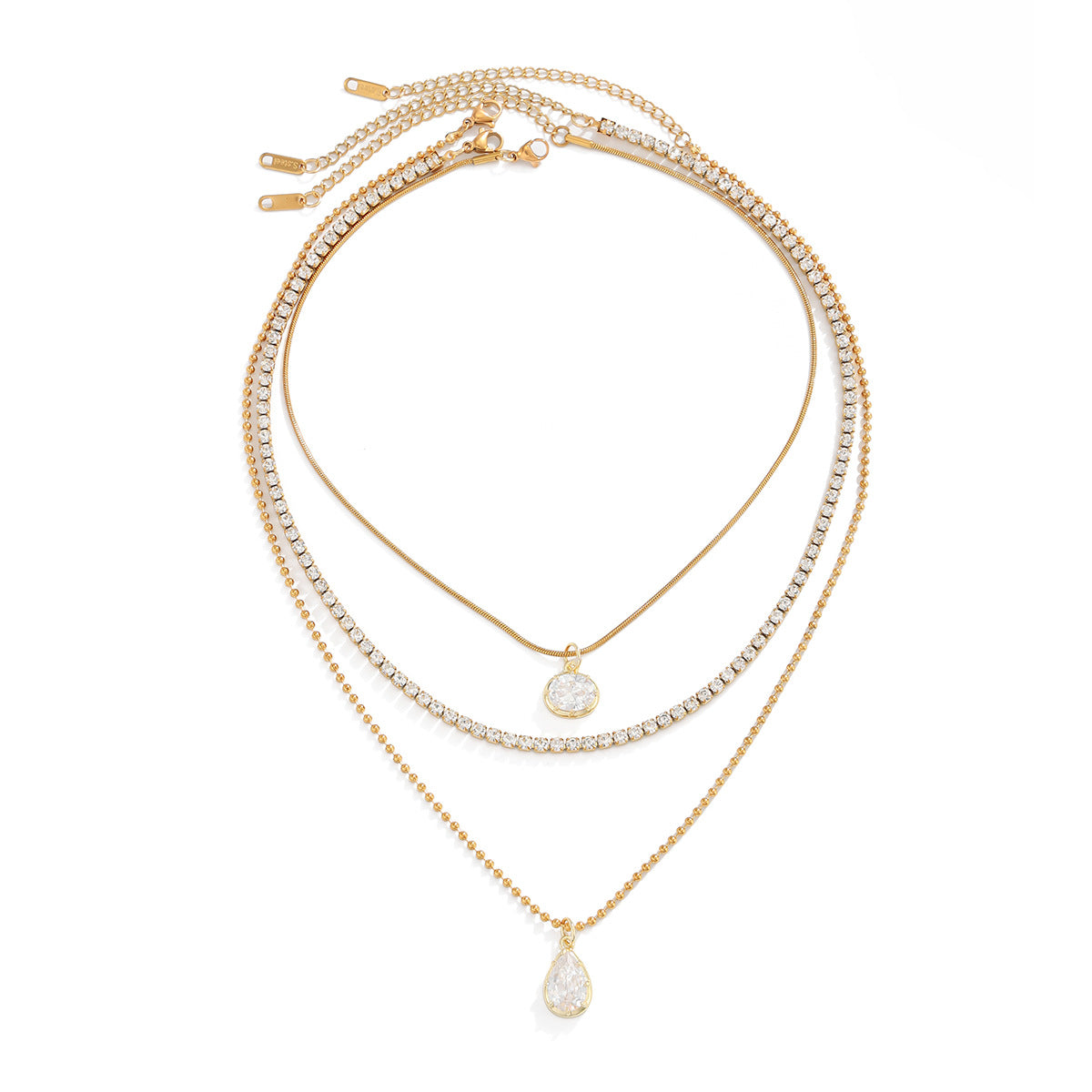 18K Gold Plated Stainless Steel Teardrop Cubic Zirconia Pendant Necklace for Women Layered Chain