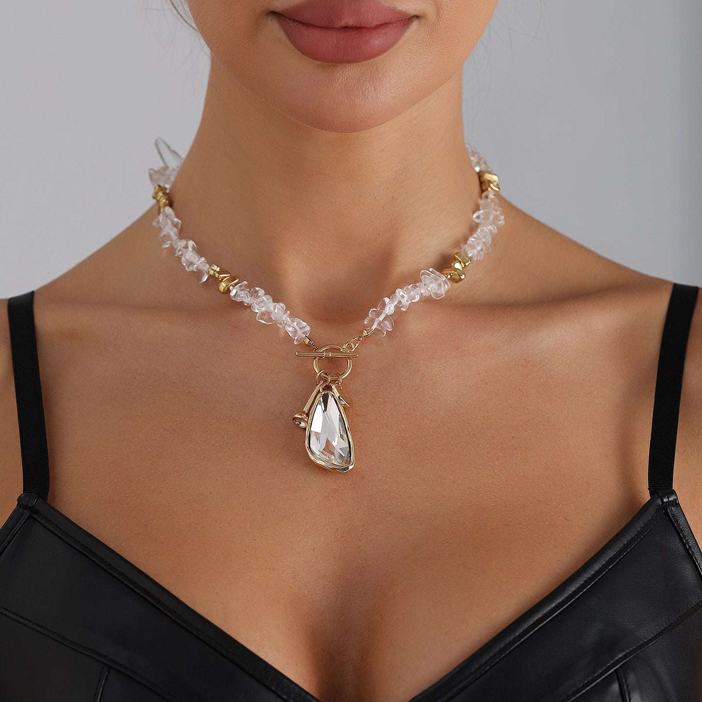 Minimalist Geometric Multi-Faceted Crystal Inlay Alloy Pendant Necklace Asymmetric Design for Women