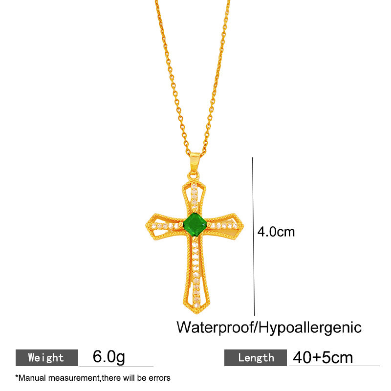 Sporty Sweet 18K Gold Plated Cross Titanium Steel Necklace with Cubic Zirconia for Women