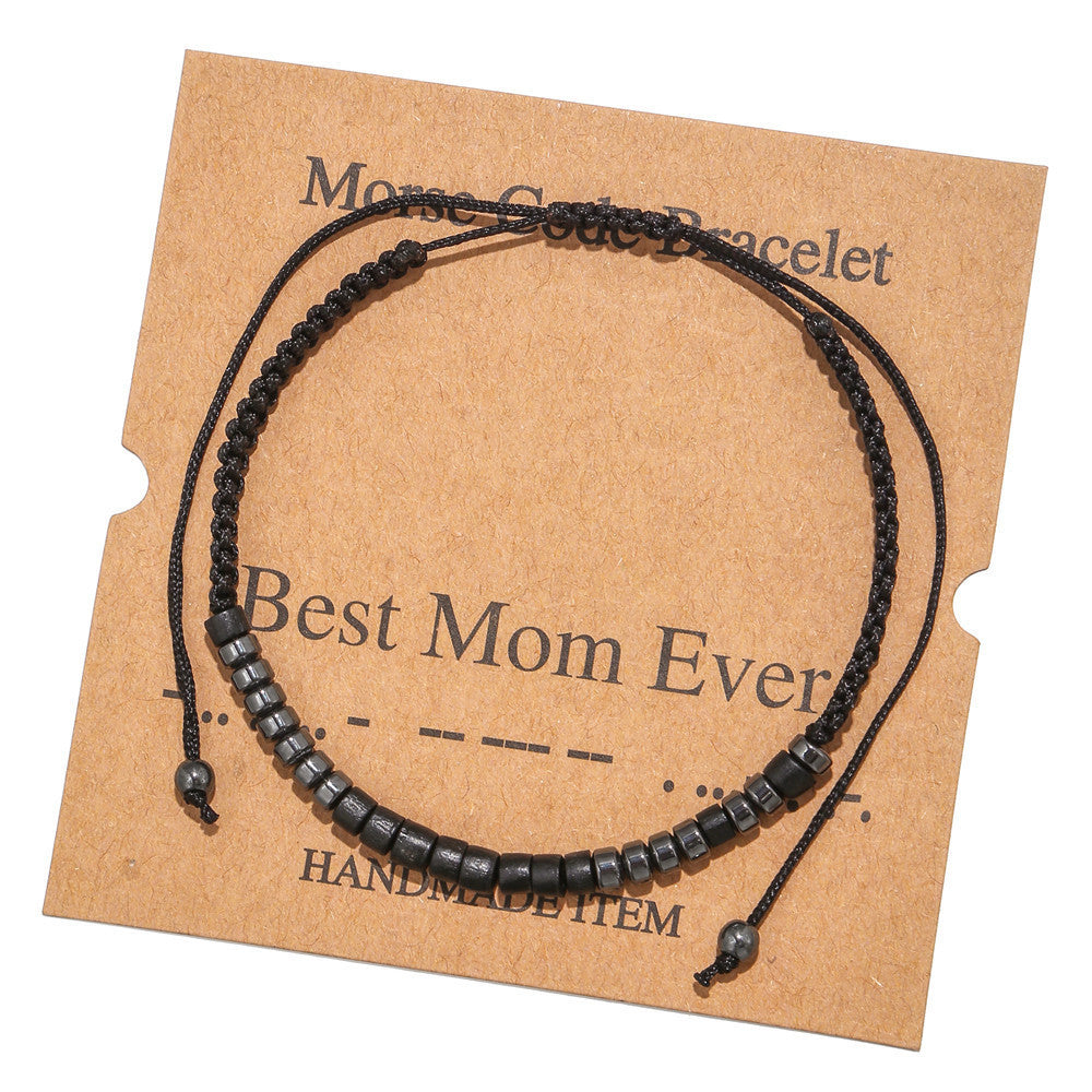 Geometric Morse Code Wood Bead Bracelet Unisex Handmade Braided Card
