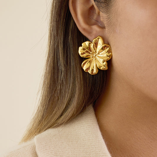 Pendientes de Acero Inoxidable Floral Geométricos con Acabado de Titanio Enchapado en Oro de 18K para Mujer