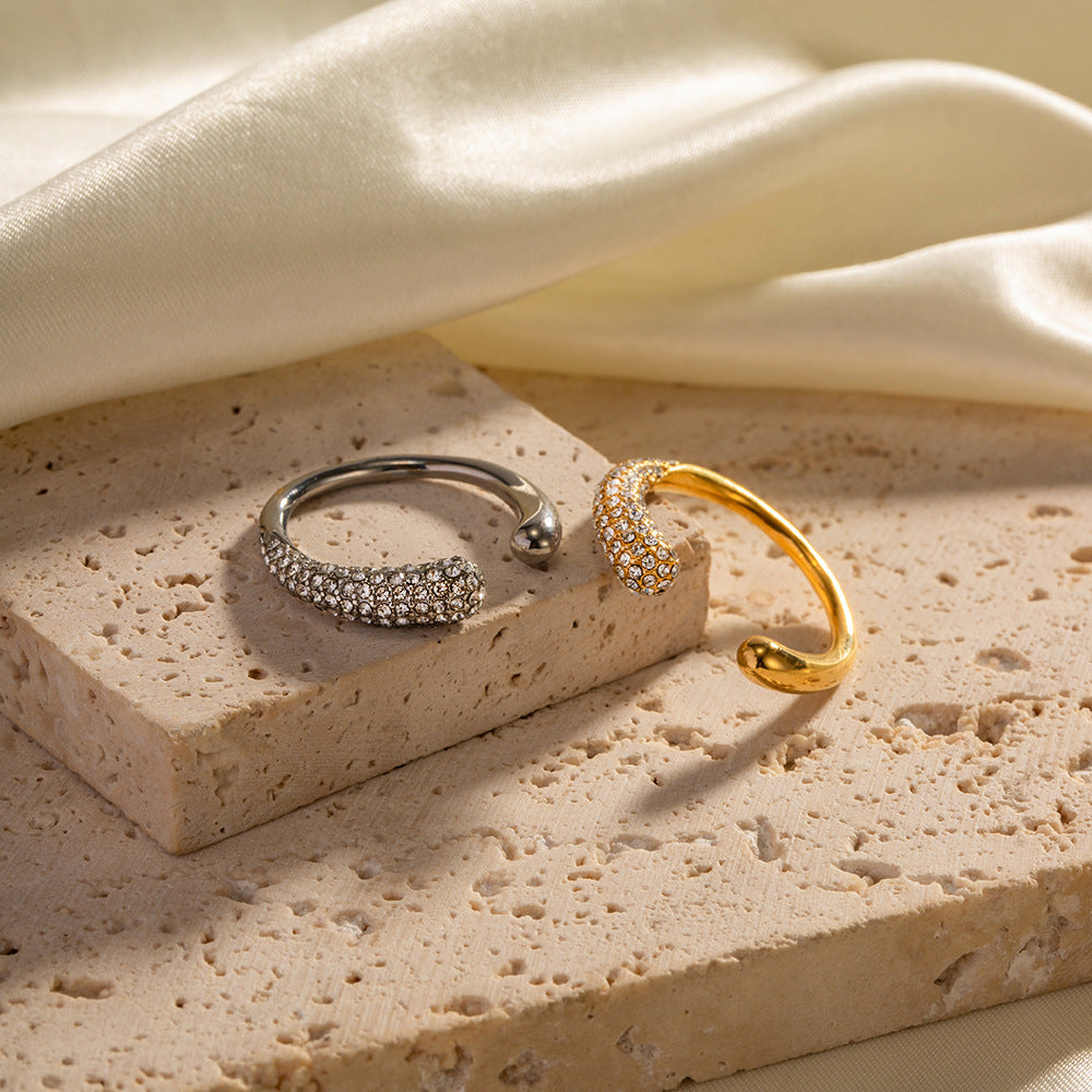 INS Style Geometric Stainless Steel Ring with 18K Gold Plating and White Rhinestone Inlay, Adjustable Open Band for Women